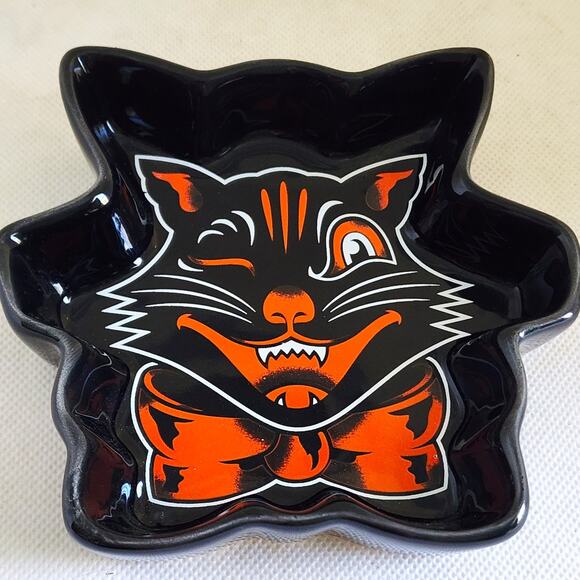 CANDY/TRINKET DISH-SOURPUSS-Black-Orange Cat-Display-Ashtray-Small - Picture 3 of 8